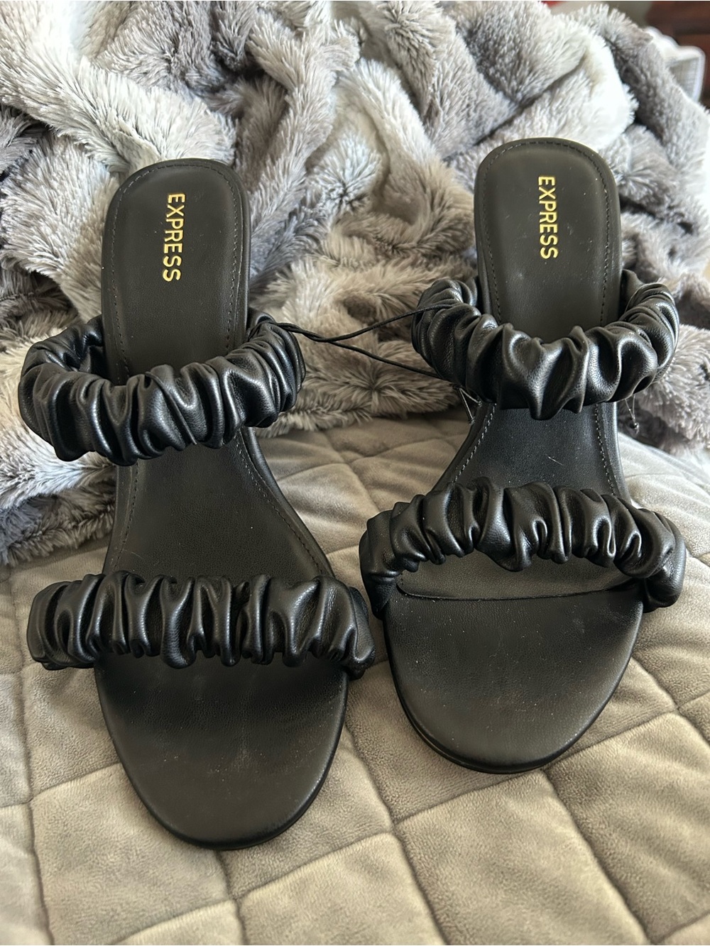Express Black Ruched Double-Strap Slide Wedge Heels